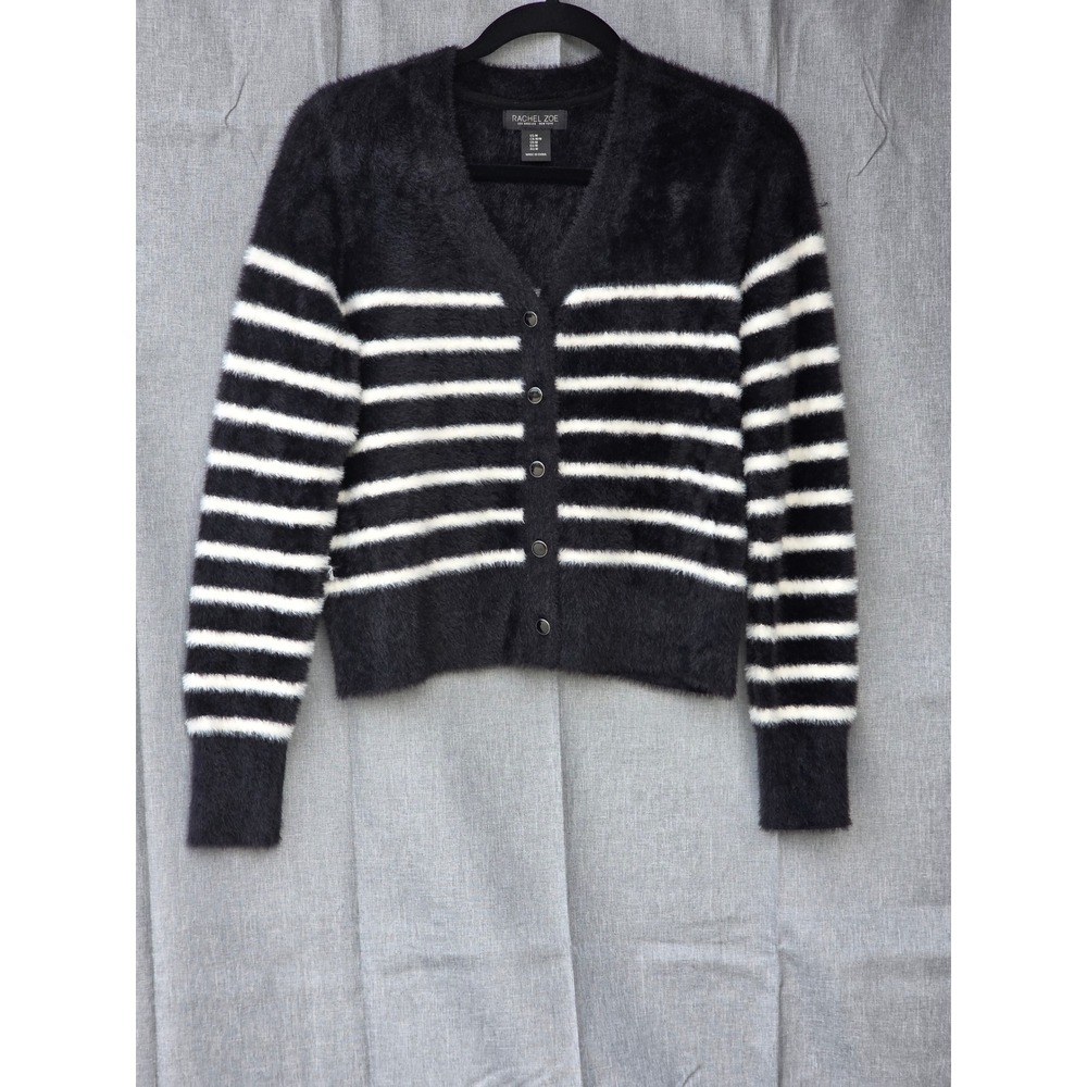Rachel Zoe Black White Striped Eyelash Knit Fuzzy Cardigan Sweater Womens Medium